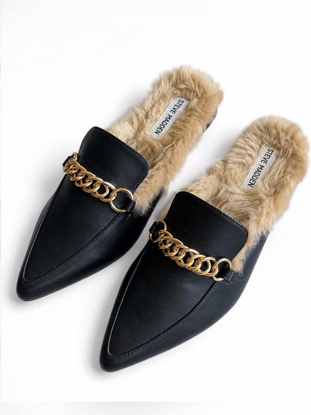 STEVE MADDEN Pointed Mules Fur Lined Loafers | Faux Leather Gold Chain SIZE 8.5